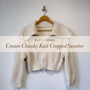 Aerie Cream Chunky Knit Cropped Zip Sweater Cardigan Size L